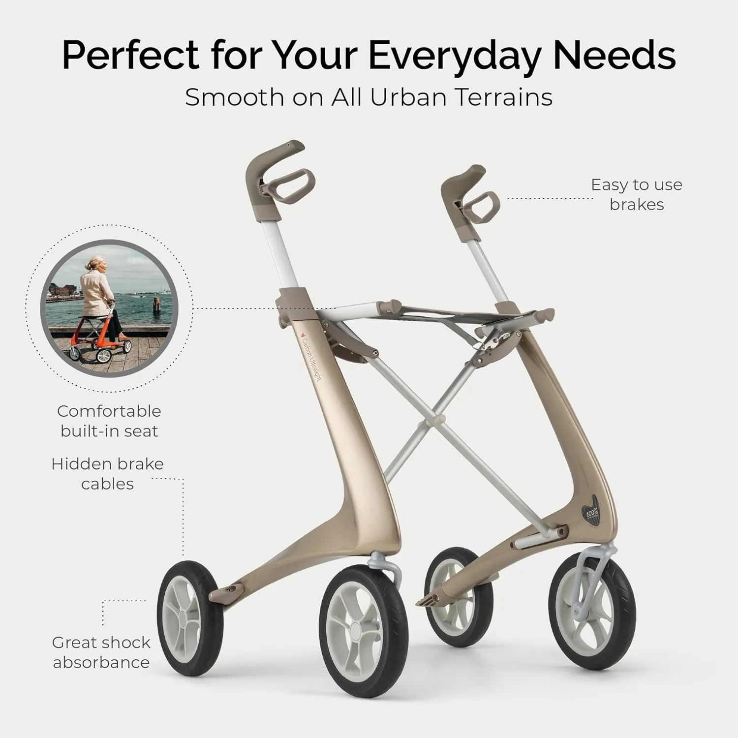 byACRE Carbon Ultralight Rollator Walker - World's Lightest Carbon Rollator - Only 10.6 lbs | Indoor and Outdoor Use | Foldable with seat and Easy to Travel with (Champagne Gold, Wide Track)