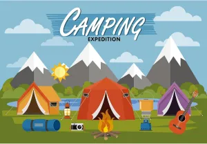 Camping Adventure Backdrop Cartoon Forest Mountain Scenery Camping Expedition Backdrop Outdoor Campfire Camper Tent Backdrop Hiking Climbing Sign Guitar Backpacks Background Decors Props 12x8ft