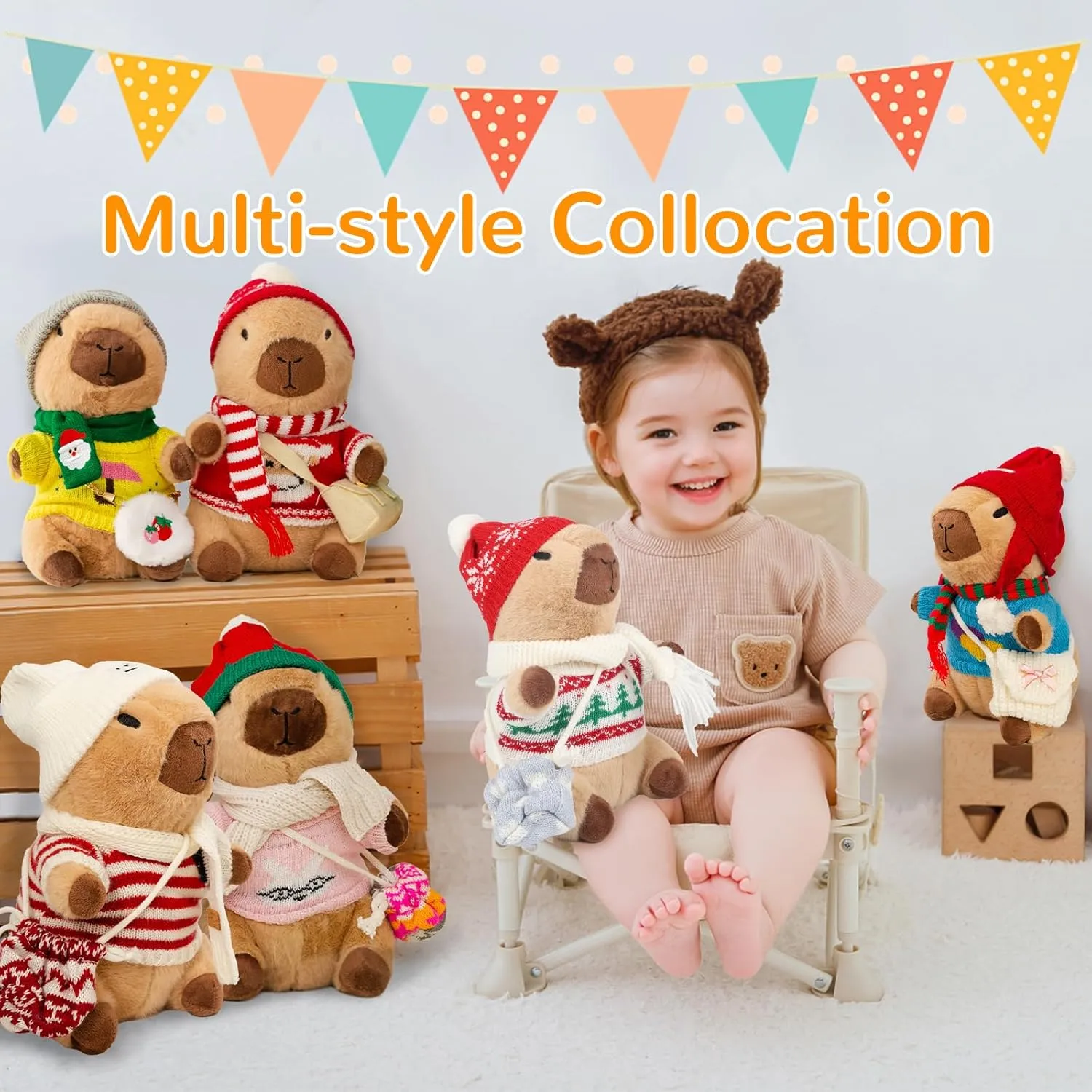 Capybara Plush with 10 Pcs Capybara Costume, Fall & Winter Style Dress Up, Christmas Plush, Stuffed Animal Birthday Gifts for Boys & Girls (Daily-A)