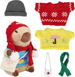 Capybara Plush with 10 Pcs Capybara Costume, Fall & Winter Style Dress Up, Christmas Plush, Stuffed Animal Birthday Gifts for Boys & Girls (Daily-A)