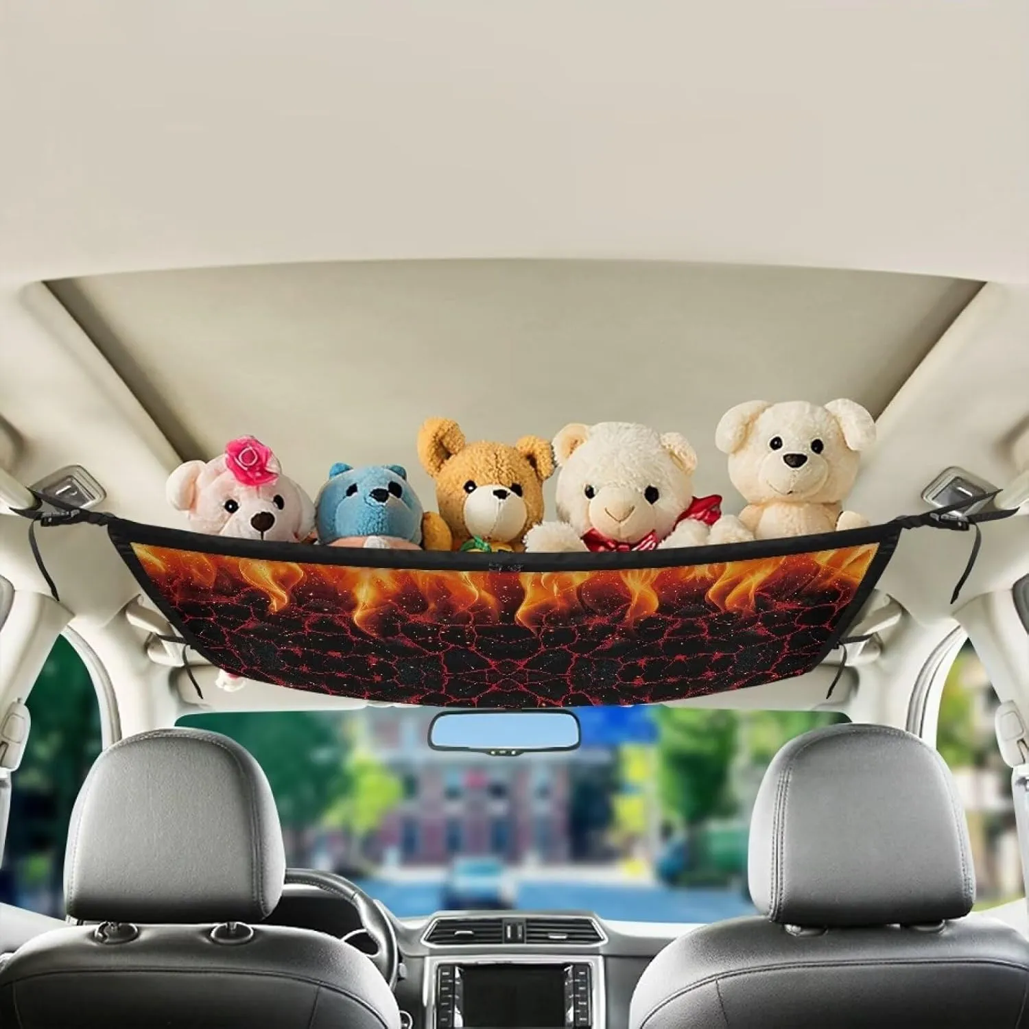 Car Net Pocket Handbag Holder with Zipper for Car Ceiling, Fire Print Vehicle Roof Storage Bag Inside Mesh Large Capacity Bag, Car Accessories for Women Men