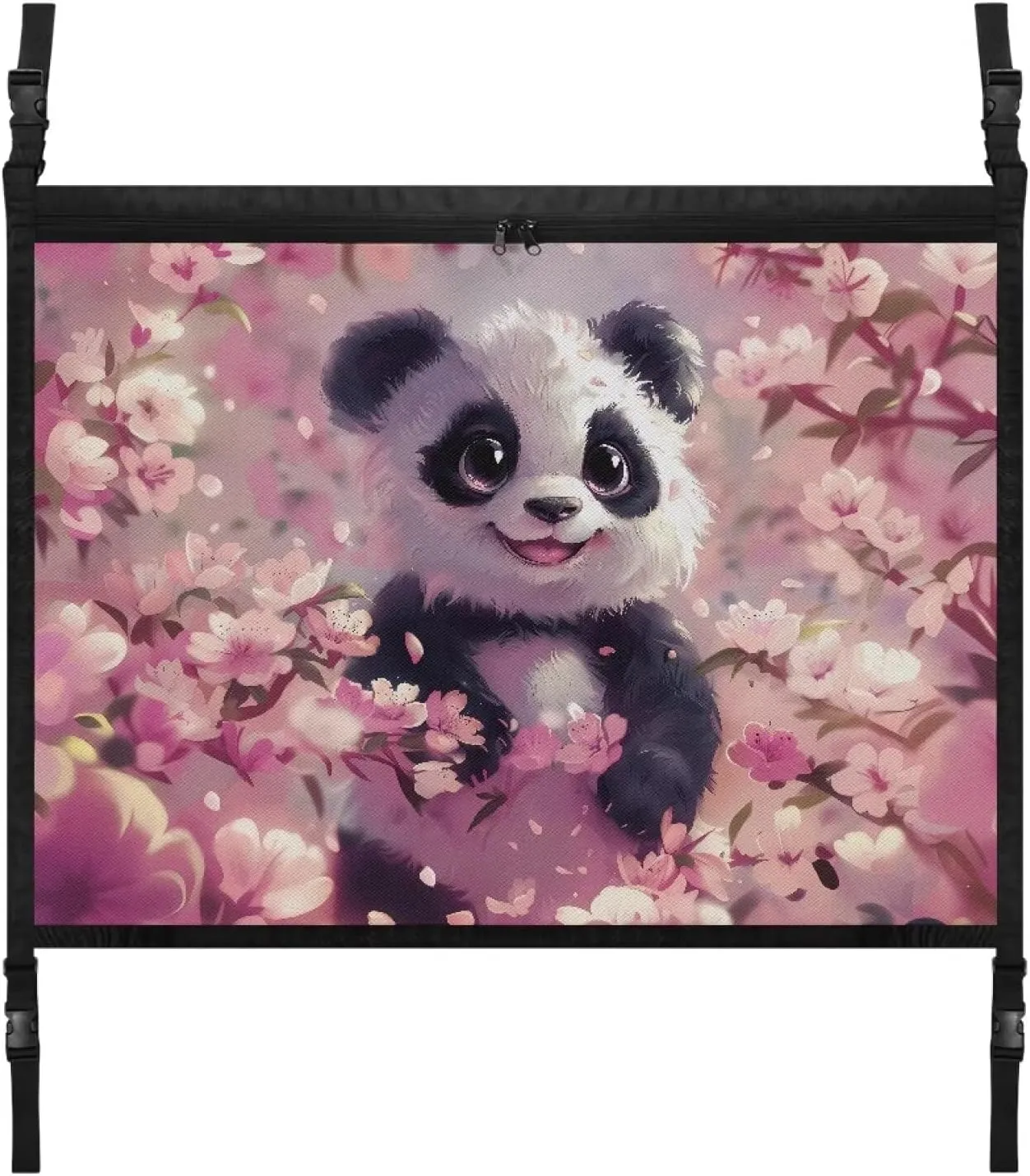 Car Net Pocket Handbag Holder with Zipper for Car Ceiling, Vehicle Roof Storage Bag Inside Mesh Large Capacity Bag, Cherry Blossom Panda Print Car Accessories for Women Men