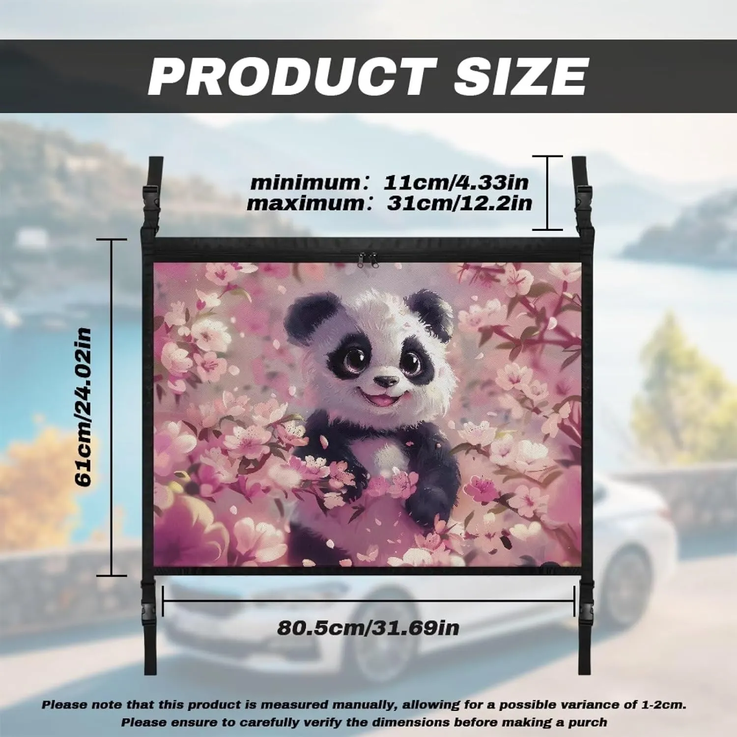 Car Net Pocket Handbag Holder with Zipper for Car Ceiling, Vehicle Roof Storage Bag Inside Mesh Large Capacity Bag, Cherry Blossom Panda Print Car Accessories for Women Men