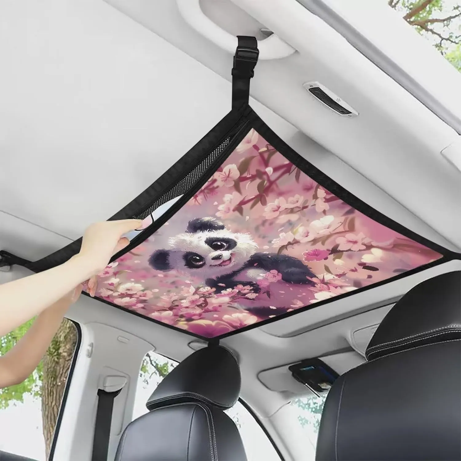 Car Net Pocket Handbag Holder with Zipper for Car Ceiling, Vehicle Roof Storage Bag Inside Mesh Large Capacity Bag, Cherry Blossom Panda Print Car Accessories for Women Men