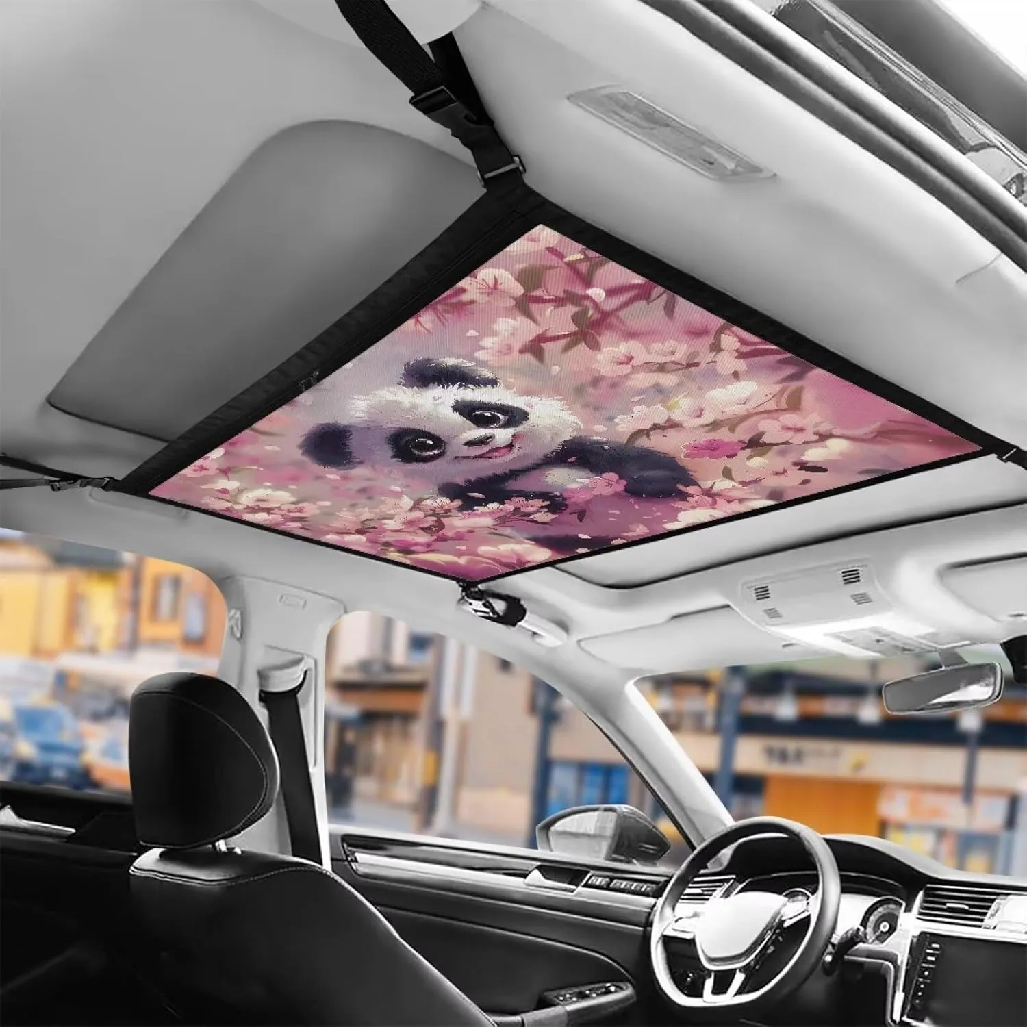 Car Net Pocket Handbag Holder with Zipper for Car Ceiling, Vehicle Roof Storage Bag Inside Mesh Large Capacity Bag, Cherry Blossom Panda Print Car Accessories for Women Men