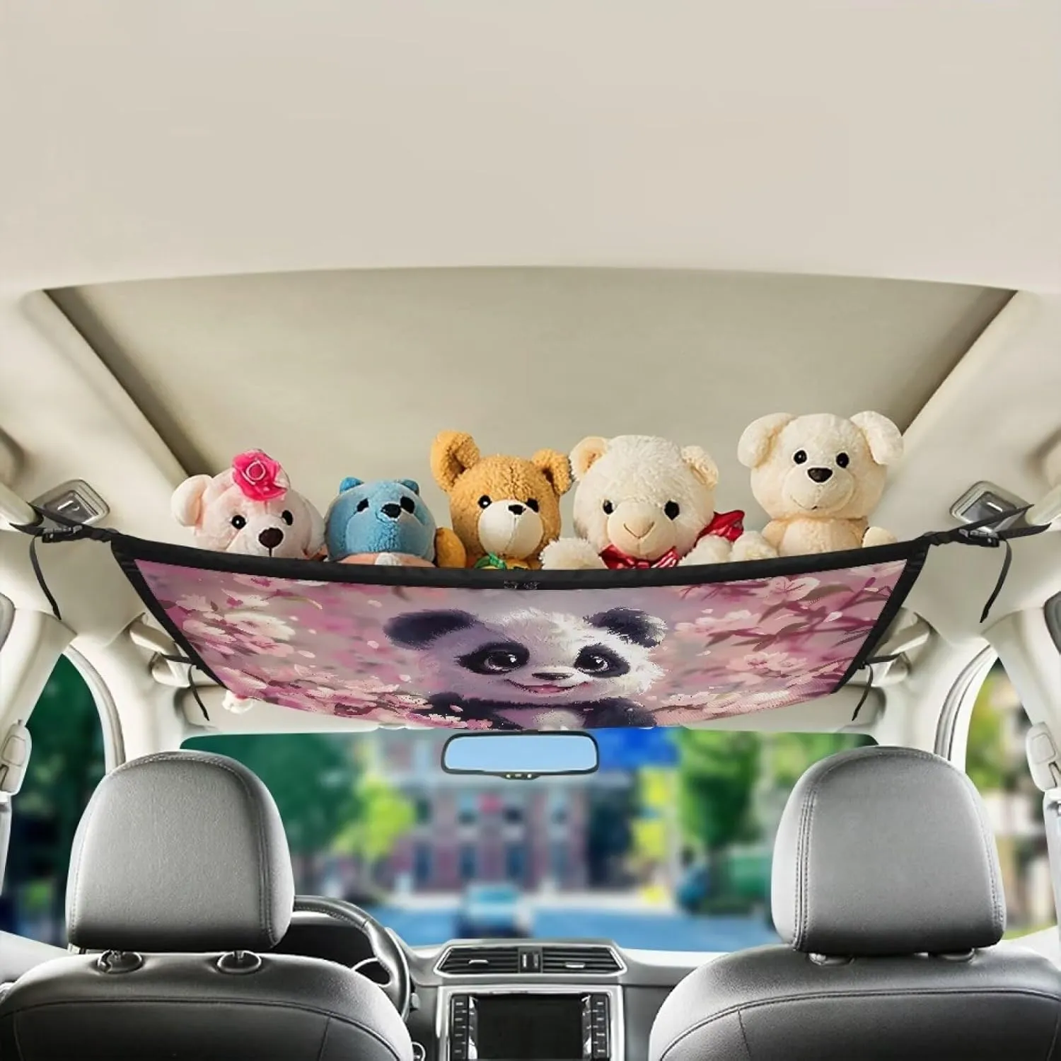 Car Net Pocket Handbag Holder with Zipper for Car Ceiling, Vehicle Roof Storage Bag Inside Mesh Large Capacity Bag, Cherry Blossom Panda Print Car Accessories for Women Men