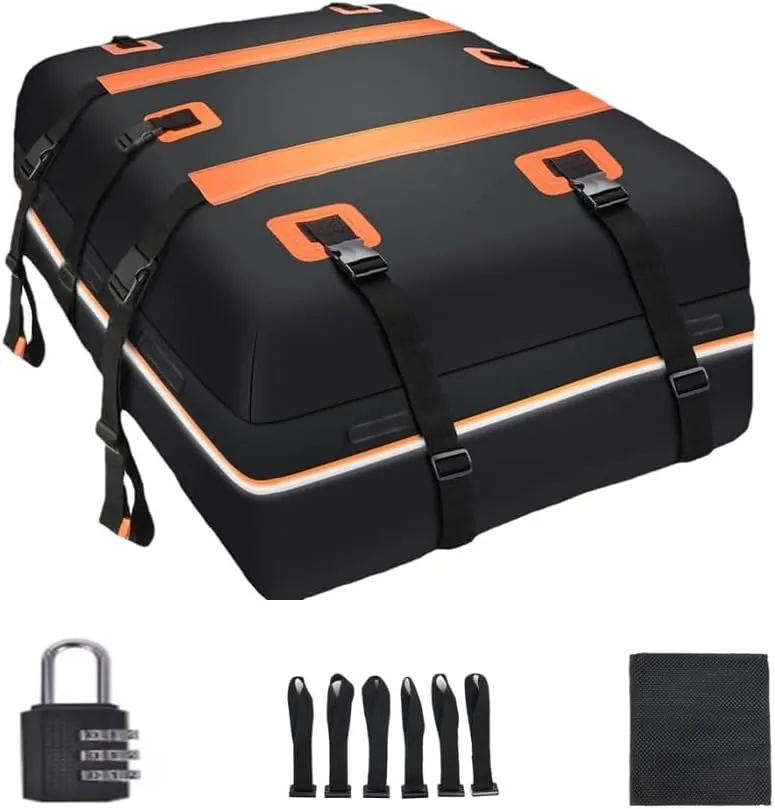 Car Roof Bag for Jeep Compass 2018-2022, Rooftop Cargo Carrier Roof Box Storagewith 6 Door Hooks, Combination Lock,A Orange