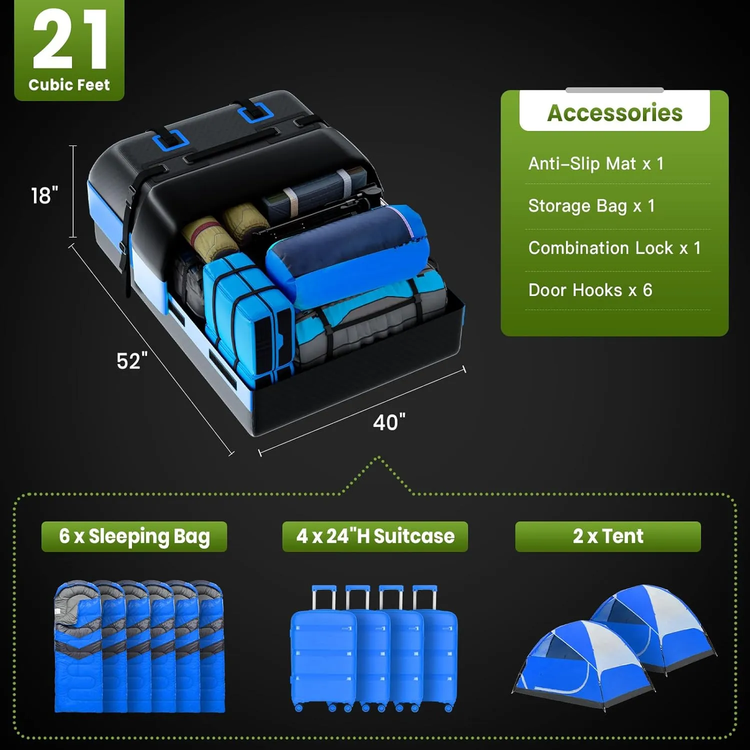 Car Rooftop Cargo Bag Carrier 21 Cubic Feet, Soft Roof Top Luggage Bag for All Vechicles with/Without Racks - with Waterproof Zip, Luggage Lock, Anti-Slip Mat, Door Hooks, Blue