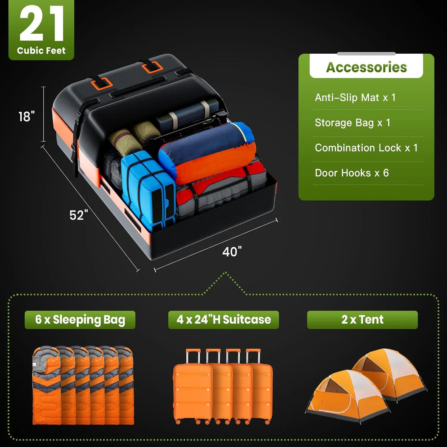 Car Rooftop Cargo Bag Carrier 21 Cubic Feet, Soft Roof Top Luggage Bag for All Vechicles with/Without Racks - with Waterproof Zip, Luggage Lock, Anti-Slip Mat, Door Hooks, Orange