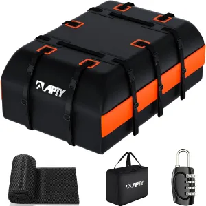 Car Rooftop Cargo Bag Carrier 21 Cubic Feet, Soft Roof Top Luggage Bag for All Vechicles with/Without Racks - with Waterproof Zip, Luggage Lock, Anti-Slip Mat, Door Hooks, Orange
