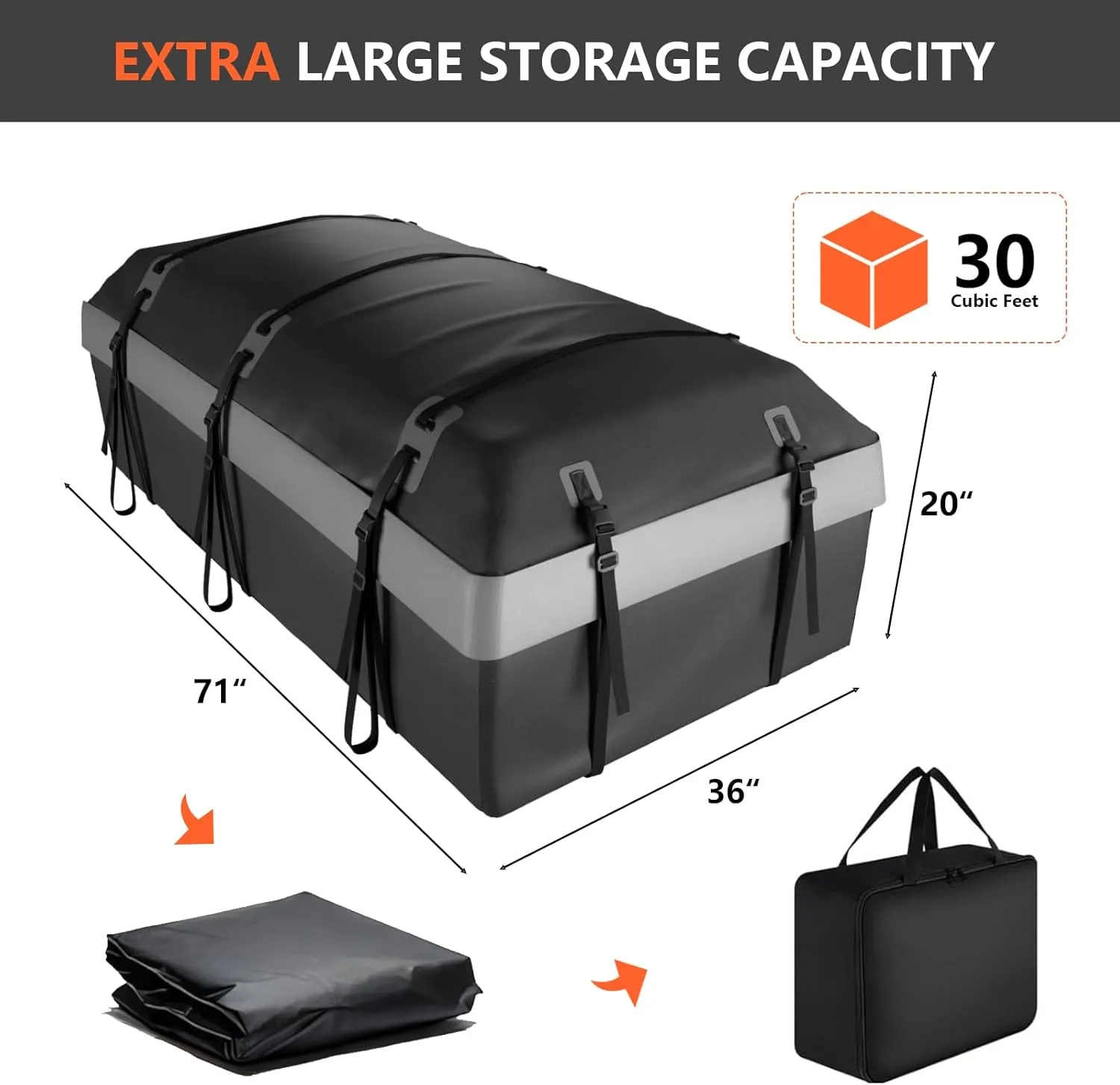Car Rooftop Cargo Carrier Bag, 30 Cubic Feet Car Roof Cargo Carrier Bag Waterproof for All Vehicle with/Without Rack, Include Anti-Slip Mat, 2 Reinforced Straps, 6 Door Hooks, Luggage Lock