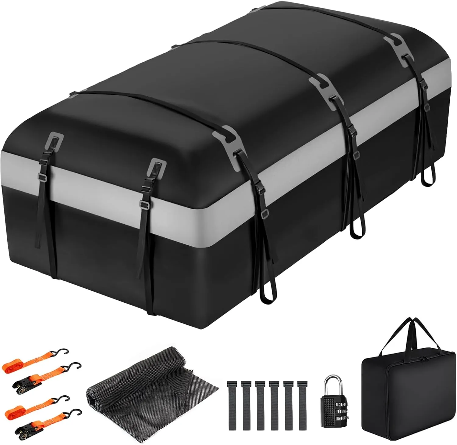 Car Rooftop Cargo Carrier Bag, 30 Cubic Feet Car Roof Cargo Carrier Bag Waterproof for All Vehicle with/Without Rack, Include Anti-Slip Mat, 2 Reinforced Straps, 6 Door Hooks, Luggage Lock