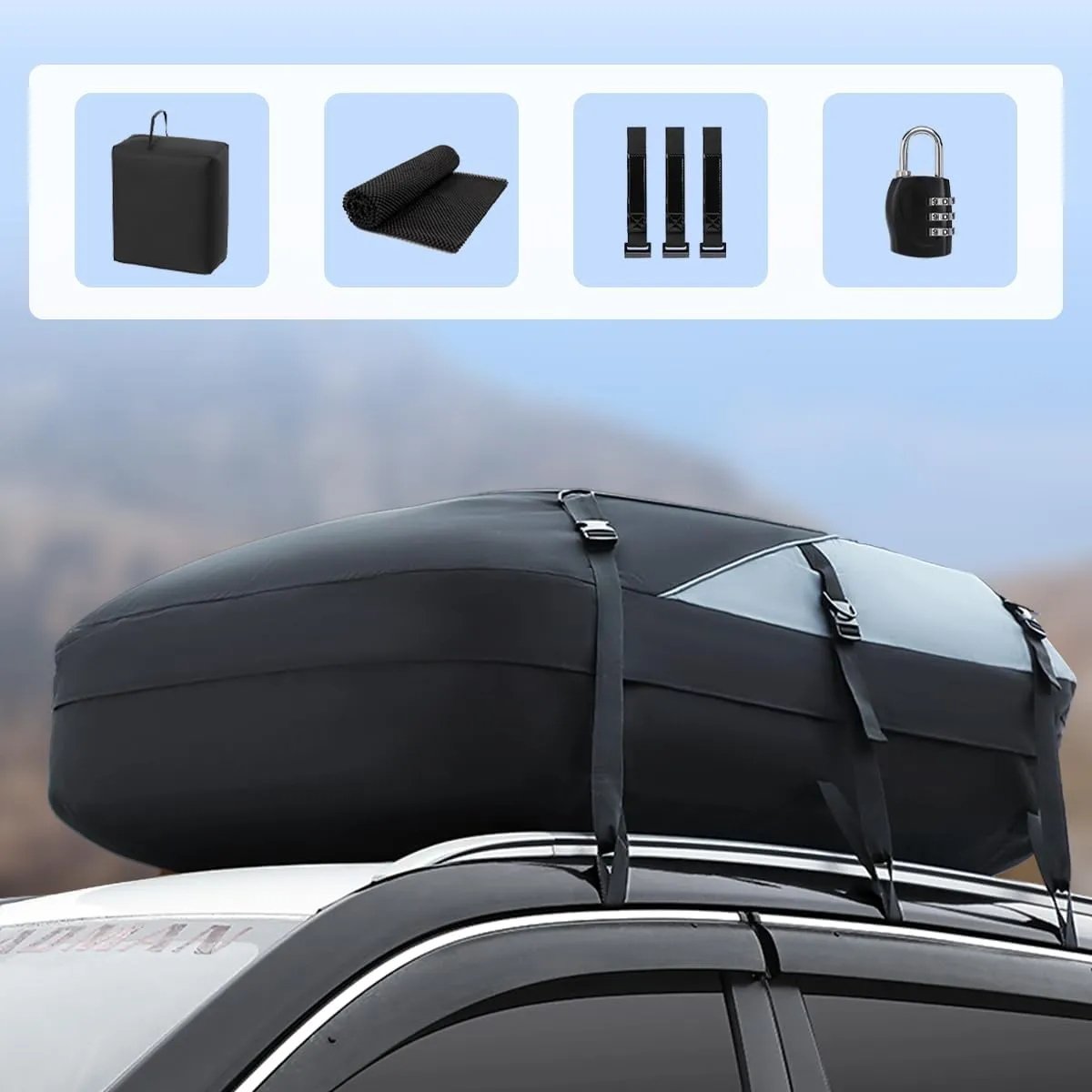 Car Rooftop Cargo Carrier Roof Bag, 20 Cubic Feet Waterproof Non-Slip Easy Installation Rooftop Cargo Carrier for All Top of Vehicle with/Without Rack Includes Topper Anti-Slip Mat