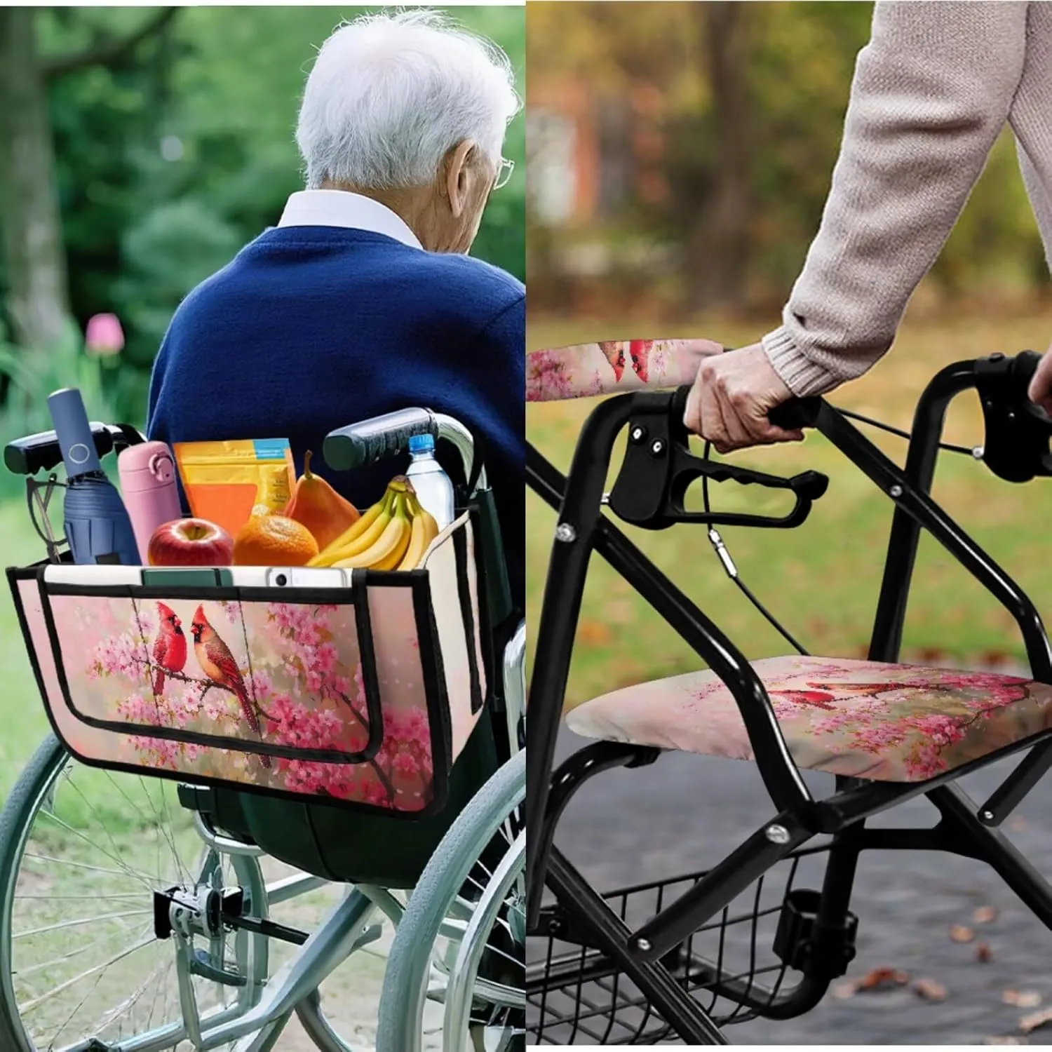 Cardigans Cherry Blossom 3Pcs Rollator Walker Decoration with Bag Seat and Backrest Covers for Ladies Walker Seat Cushion Cover Soft Rollator Walker Basket for Senior