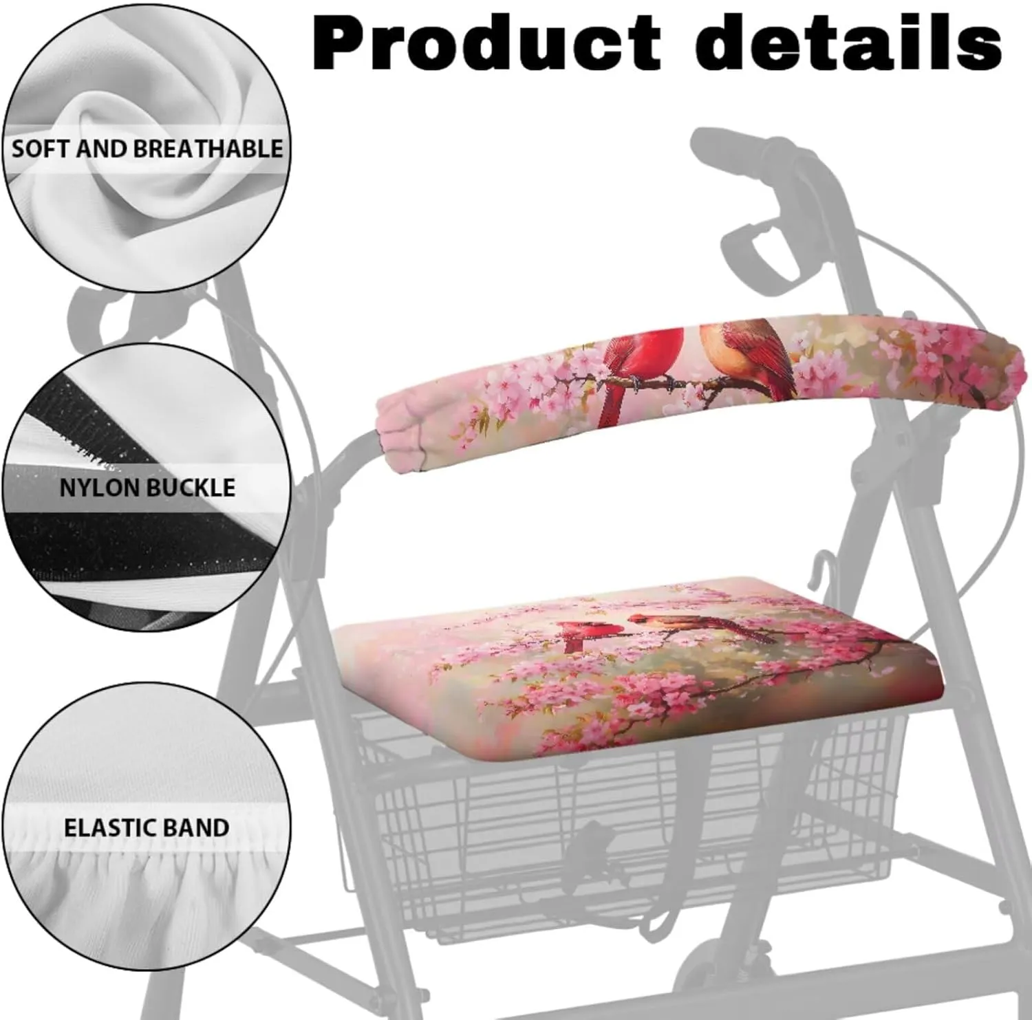Cardigans Cherry Blossom 3Pcs Rollator Walker Decoration with Bag Seat and Backrest Covers for Ladies Walker Seat Cushion Cover Soft Rollator Walker Basket for Senior