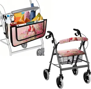 Cardigans Cherry Blossom 3Pcs Rollator Walker Decoration with Bag Seat and Backrest Covers for Ladies Walker Seat Cushion Cover Soft Rollator Walker Basket for Senior