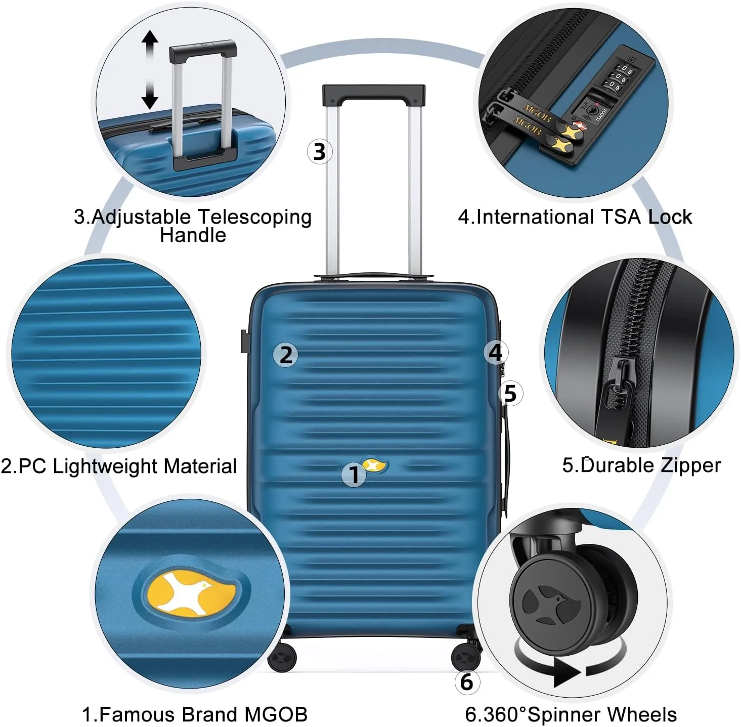 Carry On Luggage 22x14x9 Airline Approved, Hard Suitcases with Spinner Wheels, Polycarbonate Lightweight Luggage, TSA Approved, 20 Inch Carry-On, Blue