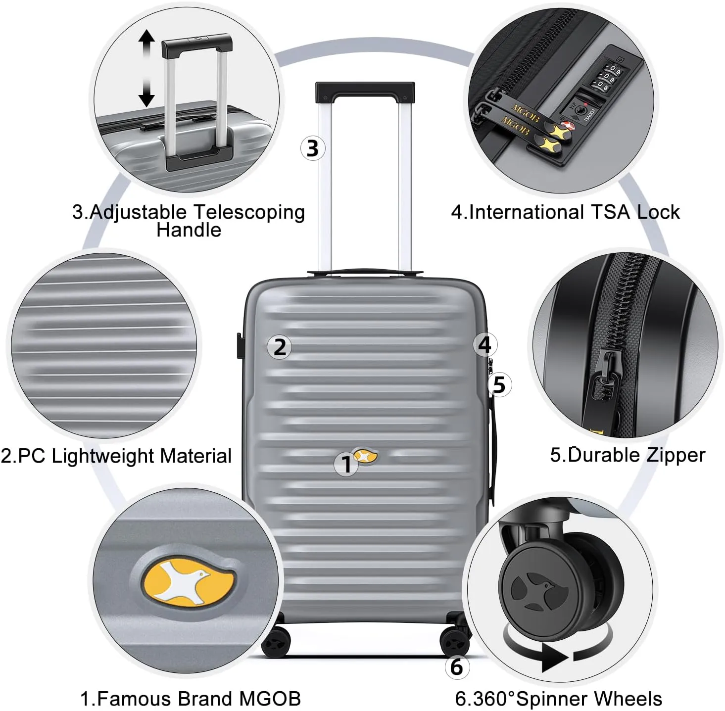 Carry On Luggage 22x14x9 Airline Approved, Hard Suitcases with Spinner Wheels, Polycarbonate Lightweight Luggage, TSA Approved, 20 Inch Carry-On, Silver