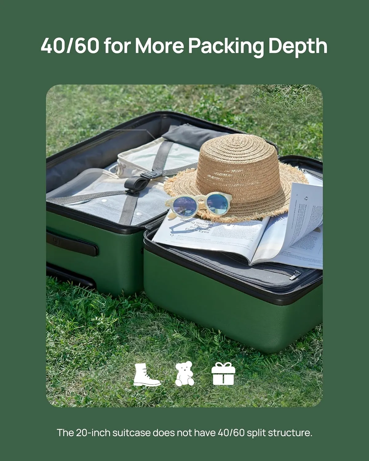 Carry On Suitcase, 20 Inch Carry-On Luggage with Double Spinner Wheels, Anti-Burst Zipper, Hard Case PC Suitcase Carry On, Lightweight Travel Luggage, TSA Approved (Seaweed Green, Hudson)