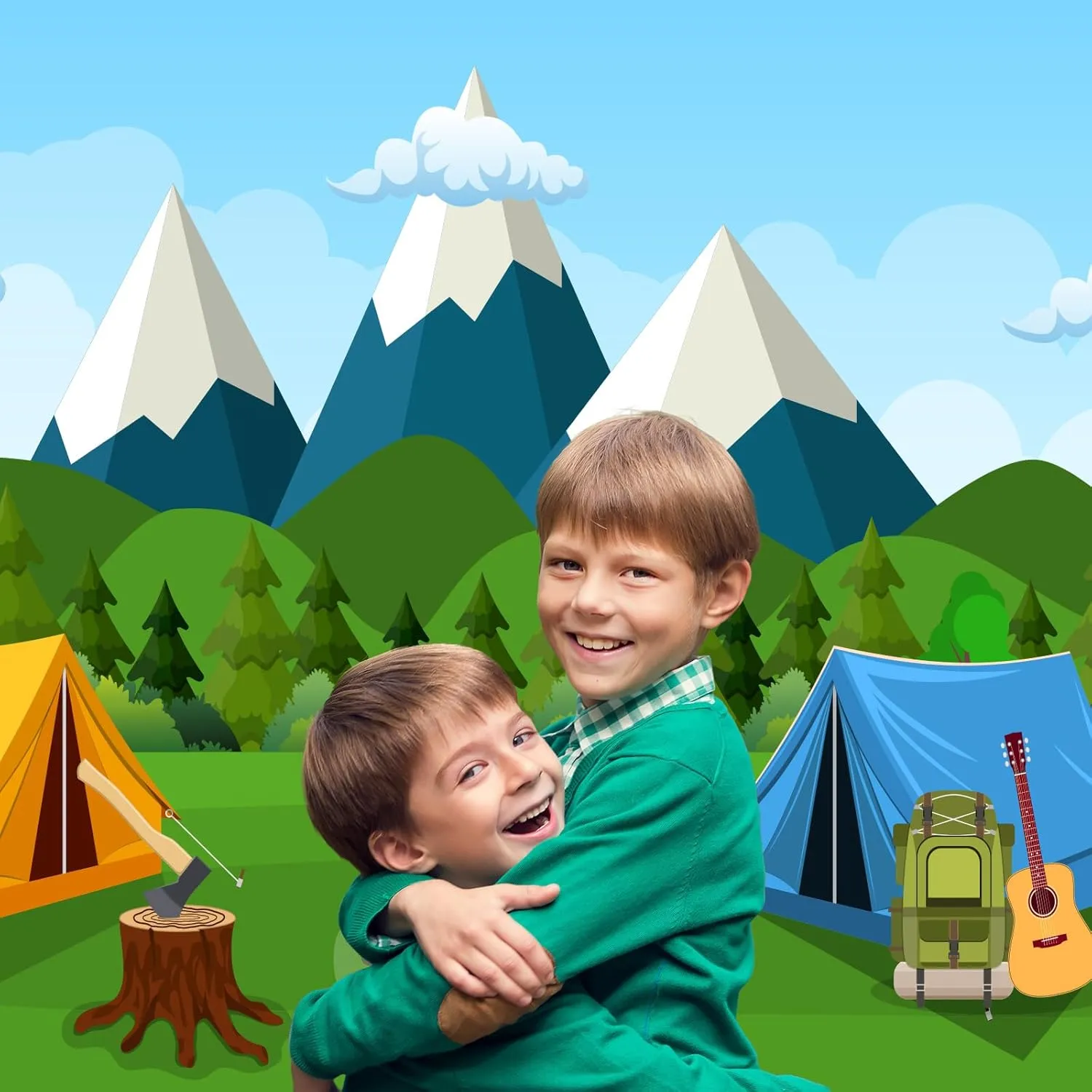 Cartoon Camping Photography Background Forest Mountain Scenery Camping Adventure Backdrop Outdoor Campfire Camper Tent Backdrop Hiking Climbing Sign Guitar Backpacks Background Props 7x5ft