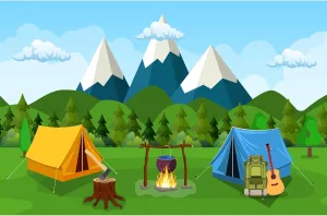 Cartoon Camping Photography Background Forest Mountain Scenery Camping Adventure Backdrop Outdoor Campfire Camper Tent Backdrop Hiking Climbing Sign Guitar Backpacks Background Props 7x5ft