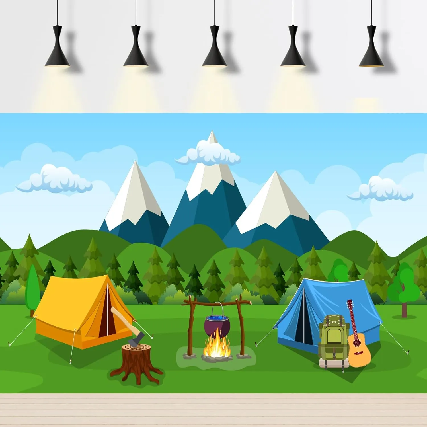 Cartoon Camping Photography Background Forest Mountain Scenery Camping Adventure Backdrop Outdoor Campfire Camper Tent Backdrop Hiking Climbing Sign Guitar Backpacks Background Props 7x5ft
