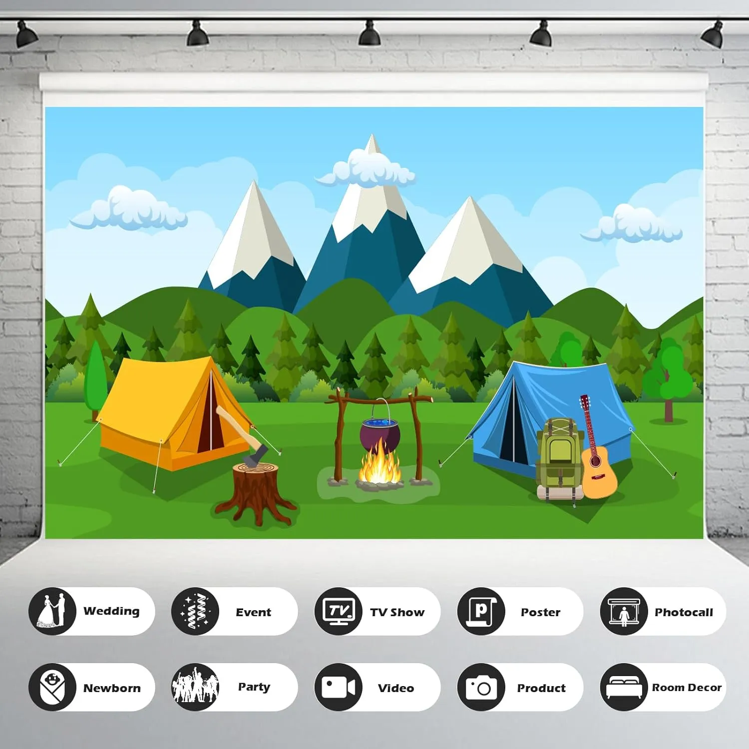 Cartoon Camping Photography Background Forest Mountain Scenery Camping Adventure Backdrop Outdoor Campfire Camper Tent Backdrop Hiking Climbing Sign Guitar Backpacks Background Props 7x5ft