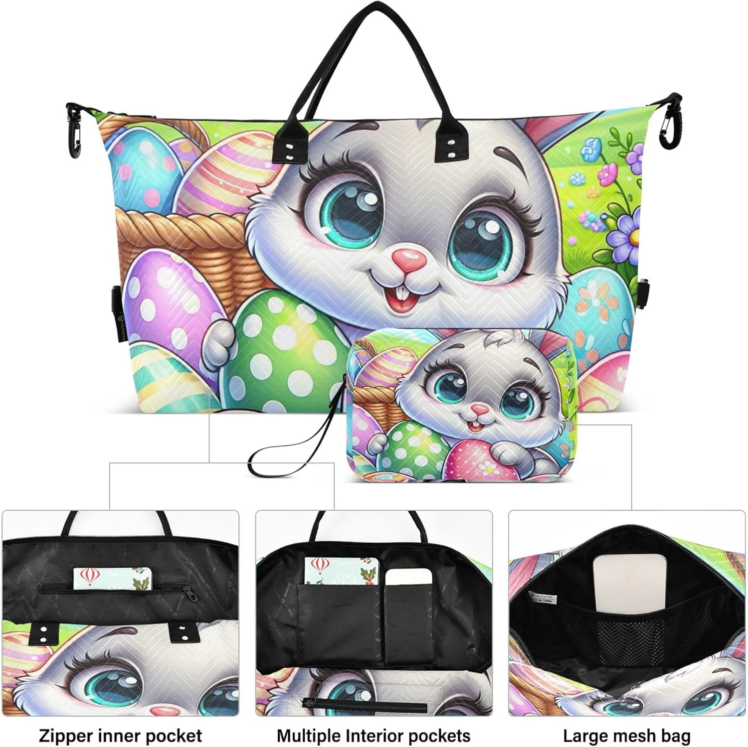 Cartoon Easter Bunny Eggs Travel Bag Duffel Cosmetic Bag Set of 2, Print Women Small Duffle Bag Carry on Bags for Airplanes