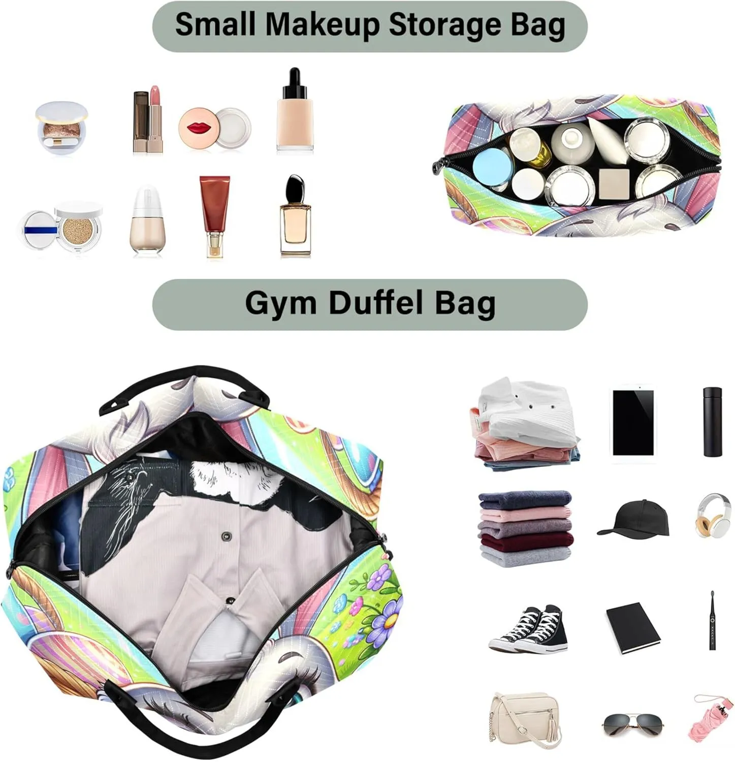 Cartoon Easter Bunny Eggs Travel Bag Duffel Cosmetic Bag Set of 2, Print Women Small Duffle Bag Carry on Bags for Airplanes