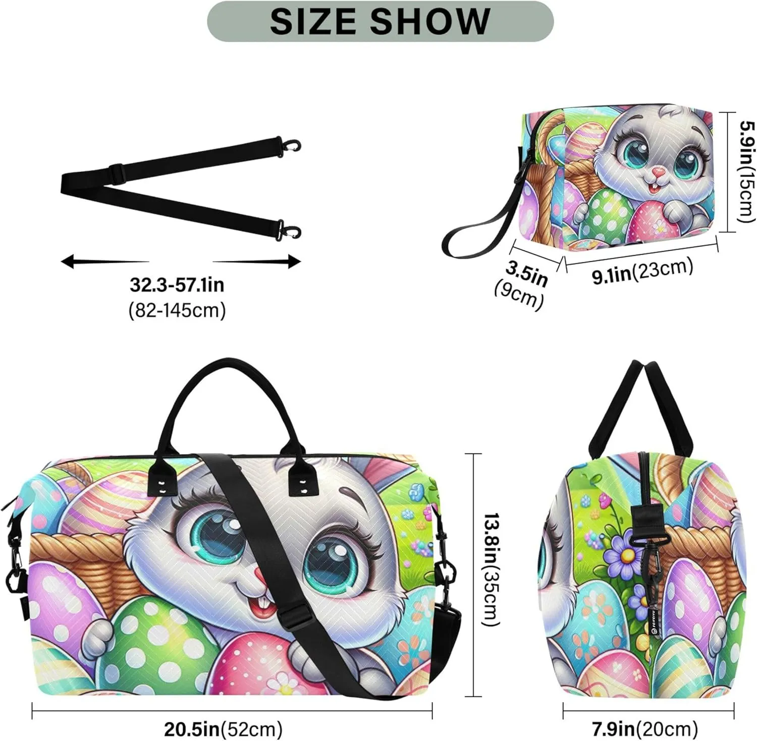 Cartoon Easter Bunny Eggs Travel Bag Duffel Cosmetic Bag Set of 2, Print Women Small Duffle Bag Carry on Bags for Airplanes