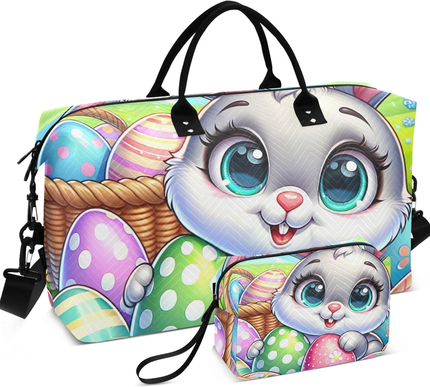 Cartoon Easter Bunny Eggs Travel Bag Duffel Cosmetic Bag Set of 2, Print Women Small Duffle Bag Carry on Bags for Airplanes