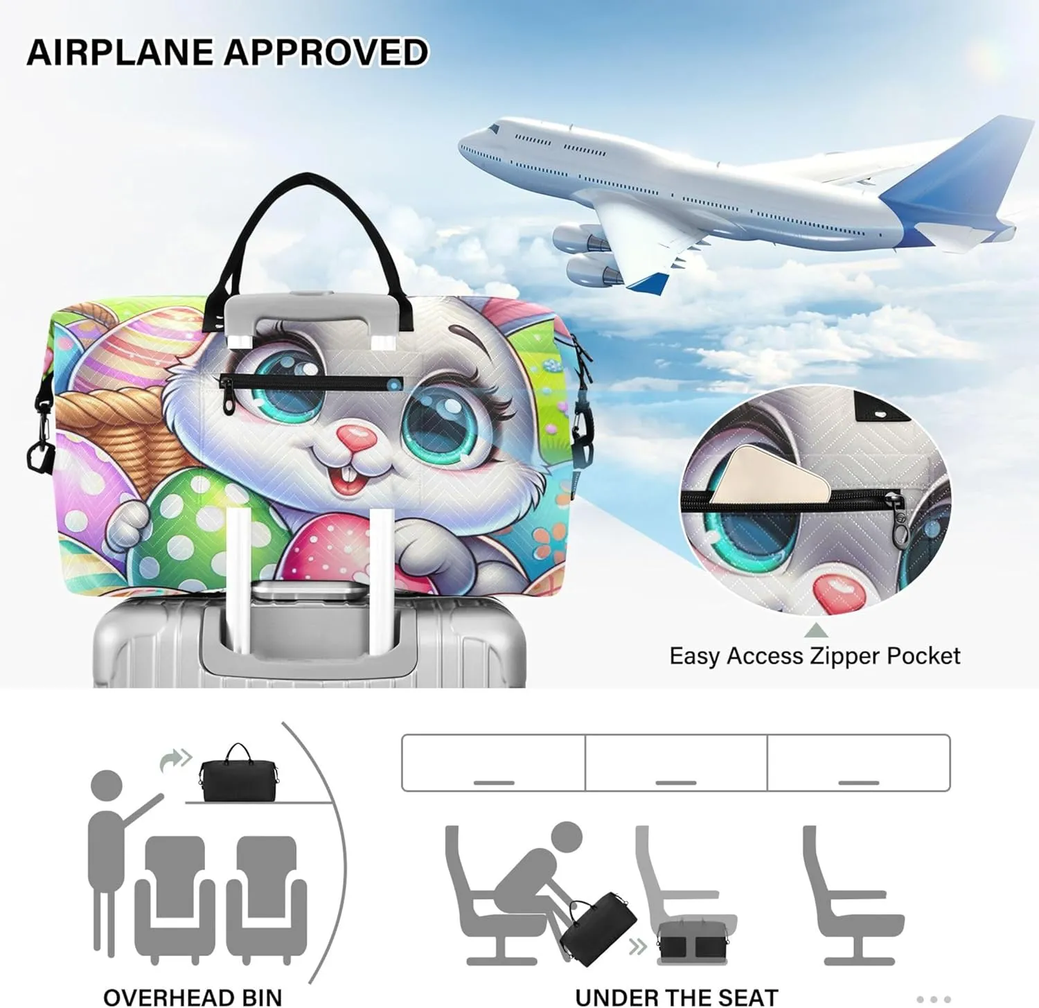 Cartoon Easter Bunny Eggs Travel Bag Duffel Cosmetic Bag Set of 2, Print Women Small Duffle Bag Carry on Bags for Airplanes