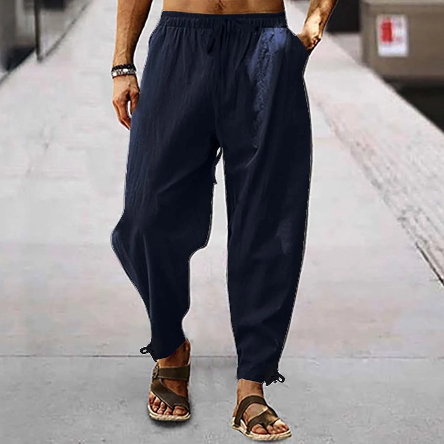Casual Cotton Linen Pants for Men 2025 Summer Beach Elastic Drawstring Waist Yoga Pants Travel Baggy Work Trousers
