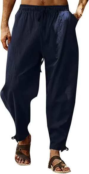 Casual Cotton Linen Pants for Men 2025 Summer Beach Elastic Drawstring Waist Yoga Pants Travel Baggy Work Trousers