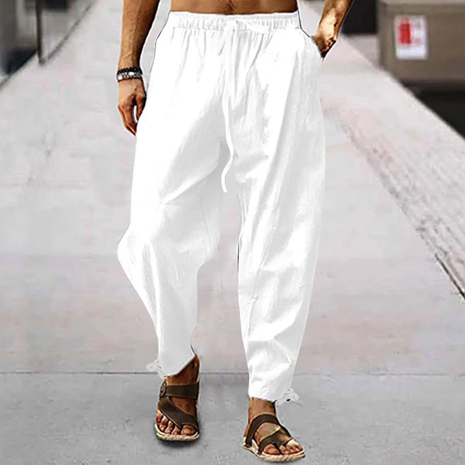 Casual Cotton Linen Pants for Men 2025 Summer Beach Elastic Drawstring Waist Yoga Pants Travel Baggy Work Trousers