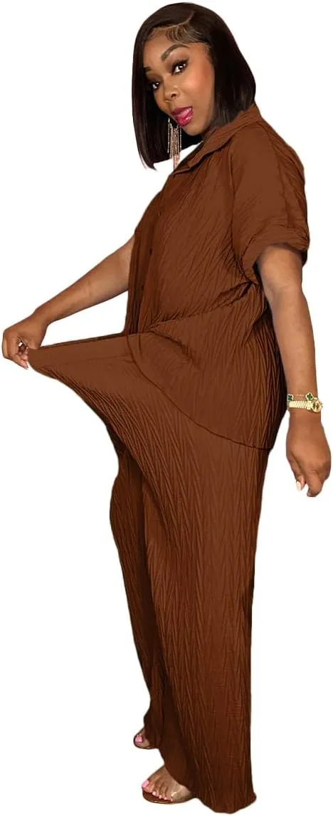 Casual Two Piece Set for Women - Button Down Shirt and Wide Leg Pants Matching Set Tracksuits