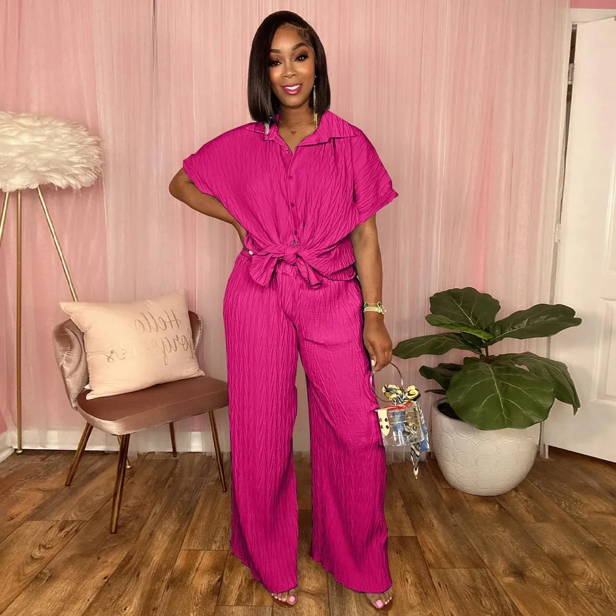 Casual Two Piece Set for Women - Button Down Shirt and Wide Leg Pants Matching Set Tracksuits