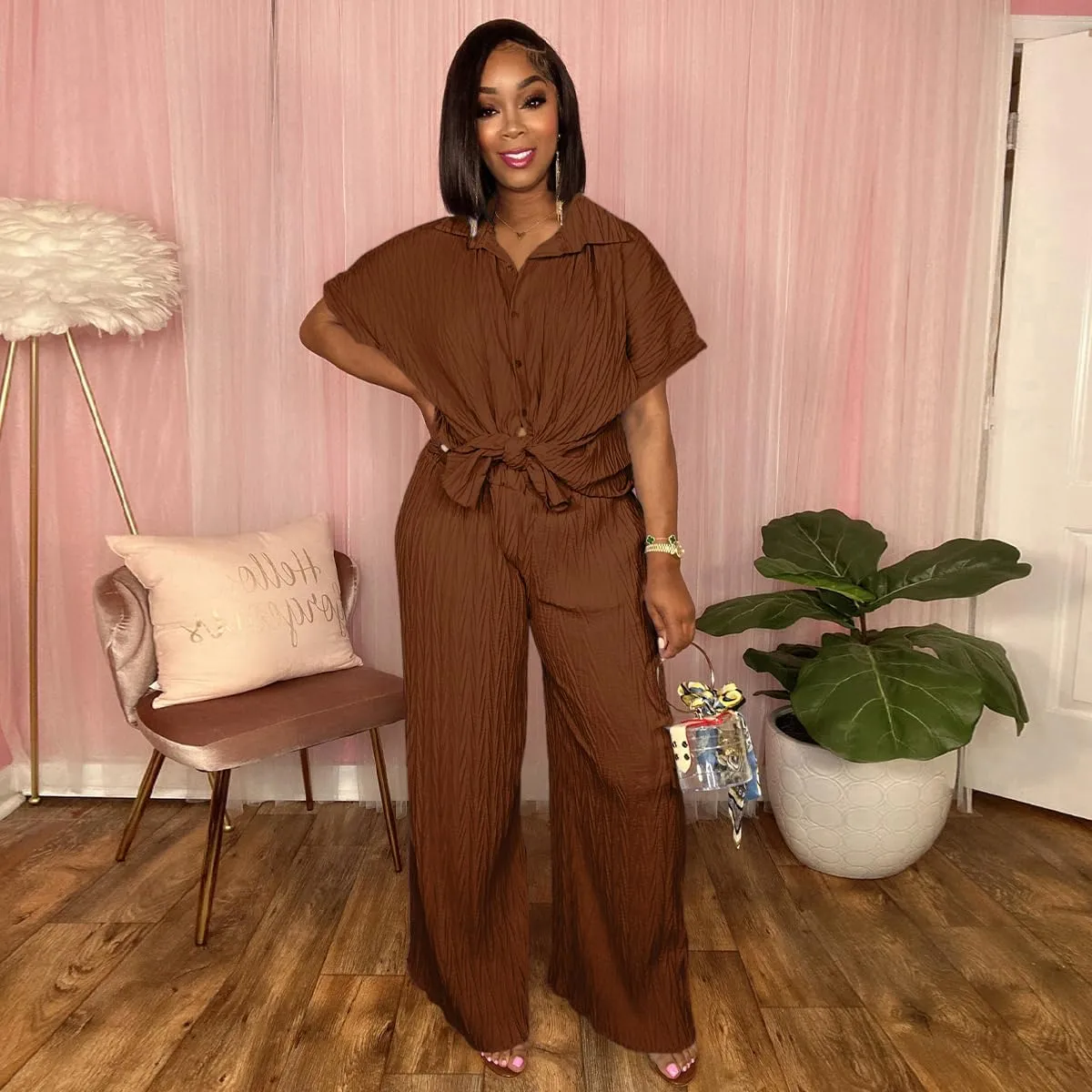 Casual Two Piece Set for Women - Button Down Shirt and Wide Leg Pants Matching Set Tracksuits