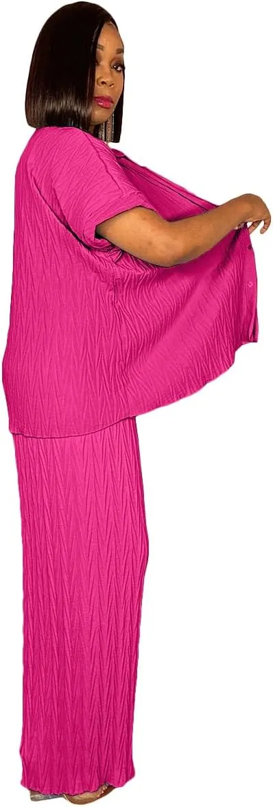 Casual Two Piece Set for Women - Button Down Shirt and Wide Leg Pants Matching Set Tracksuits