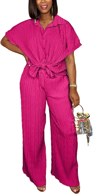 Casual Two Piece Set for Women - Button Down Shirt and Wide Leg Pants Matching Set Tracksuits
