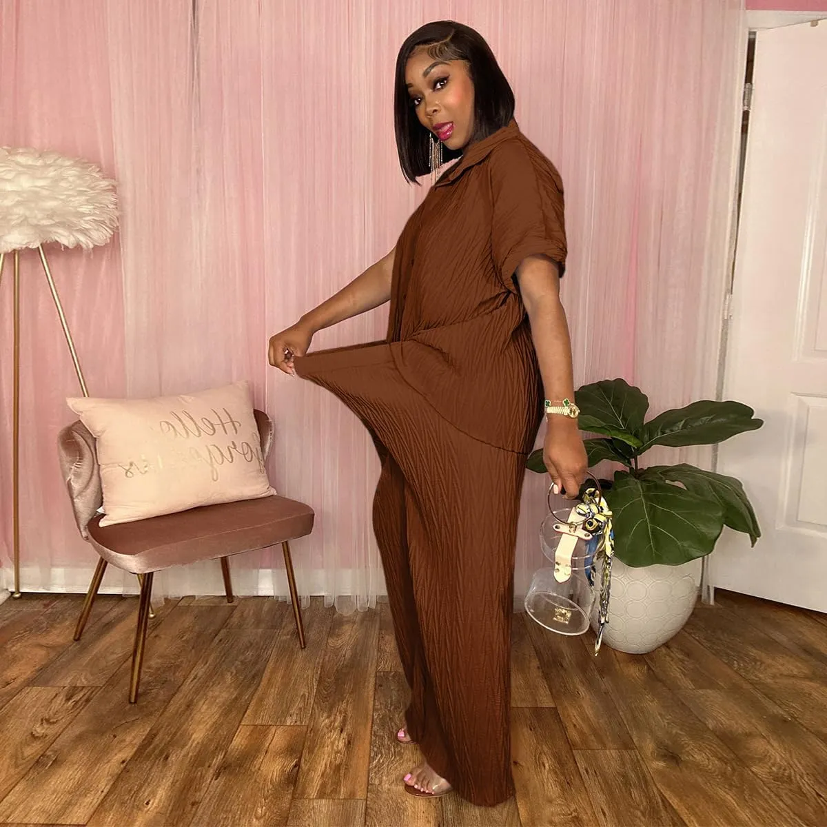 Casual Two Piece Set for Women - Button Down Shirt and Wide Leg Pants Matching Set Tracksuits