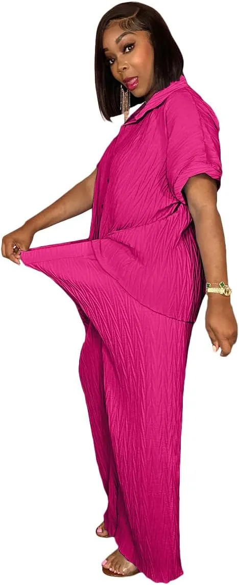 Casual Two Piece Set for Women - Button Down Shirt and Wide Leg Pants Matching Set Tracksuits