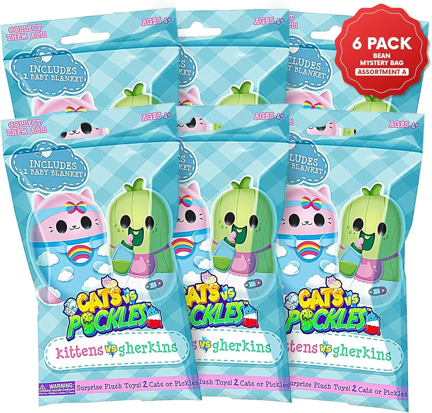 Cats vs Pickles Kittens vs Gherkins - Mystery Bags - Pack of 6-3 Inch Squishy Bean Filled Plushies! Collect These as Stocking Stuffers, Fidget Toys, or Sensory Toys - Great for Kids - Set A