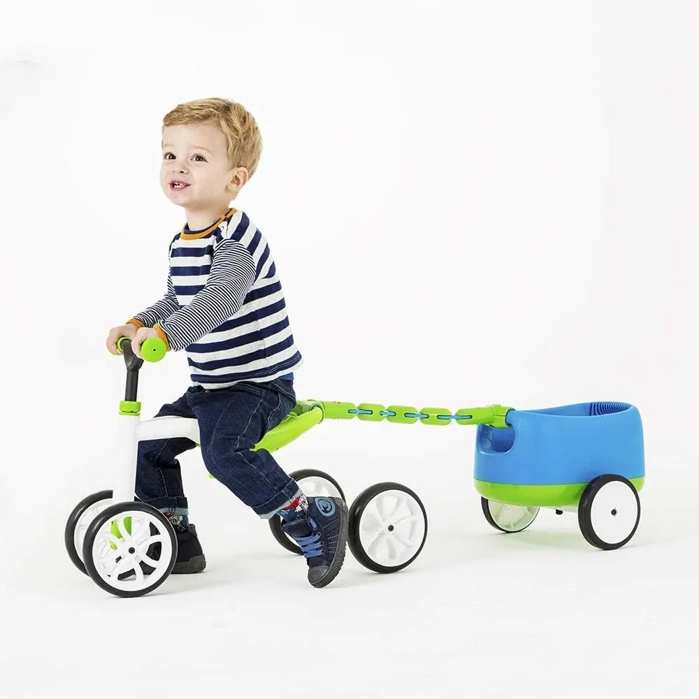 Chillafish Quadie Trailie: Stable 4-wheeler Ride-On with Trailer for Kids Ages 1-3 years, 3 Seat Positions, “Grow-with-Me” Ride-On with Cookie Storage in the Seat and Silent Non-Marking Wheels, Blue