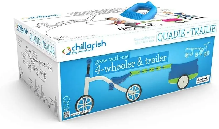 Chillafish Quadie Trailie: Stable 4-wheeler Ride-On with Trailer for Kids Ages 1-3 years, 3 Seat Positions, “Grow-with-Me” Ride-On with Cookie Storage in the Seat and Silent Non-Marking Wheels, Blue