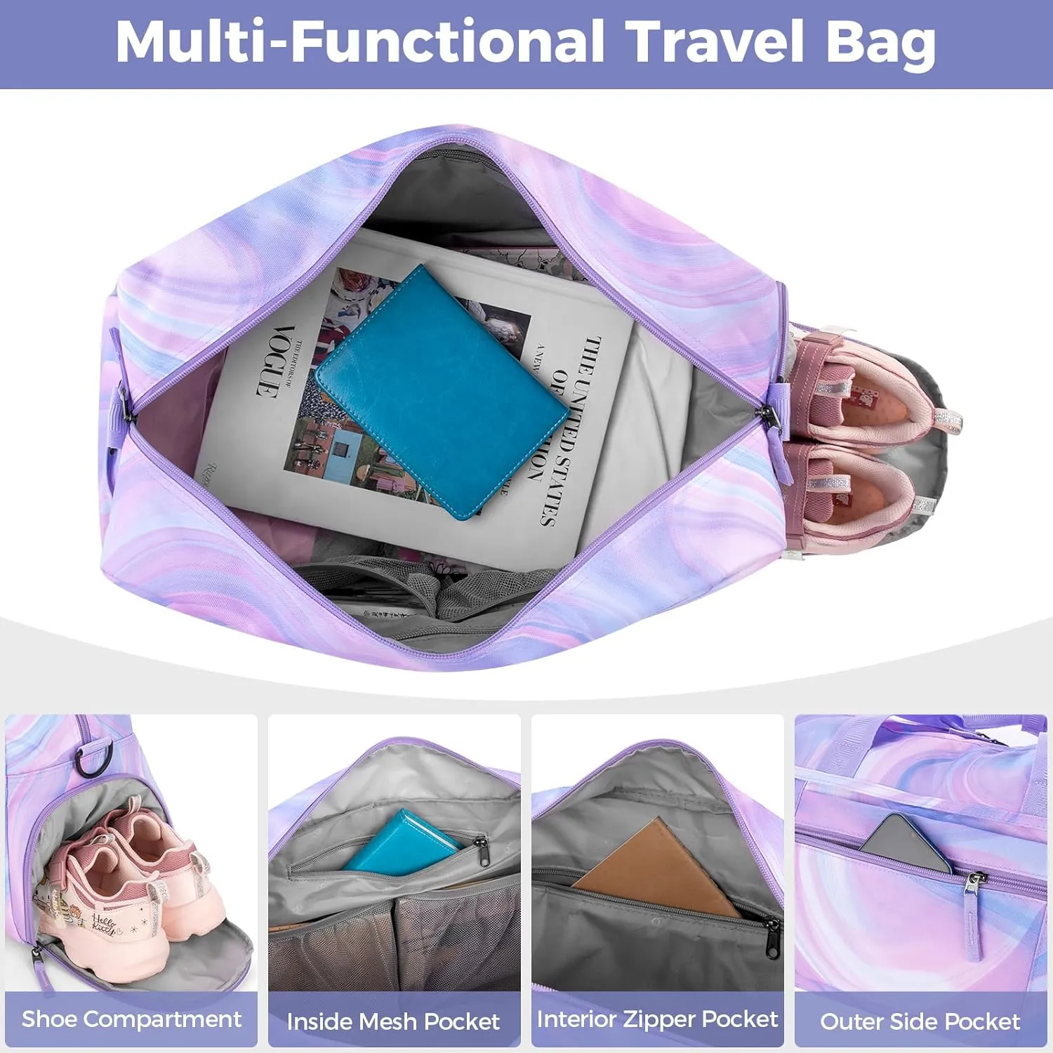 Choco Mocha Girls Duffle Bag for Travel Sports Duffle Bag with Shoe Compartment Gym Duffle Tote Bag Dance Duffle Bags for Teen Girls Butterfly Purple