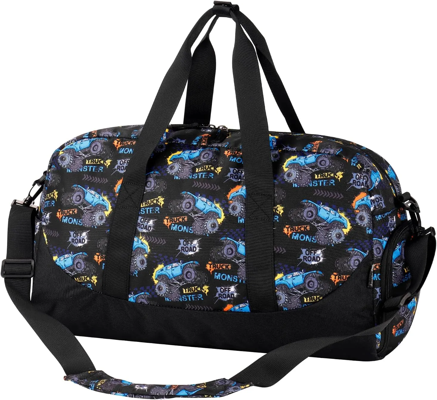 Choco Mocha Kids Monster Truck Duffle Bag - Boys Overnight Bag for Toddler Travel & Sleepover - Black