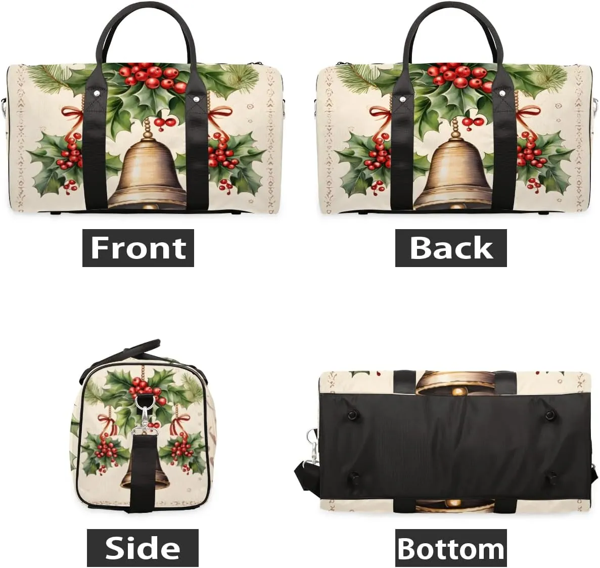 Christmas Bell Red Berry Foldable Lightweight Duffle Bag for Travel - Waterproof Carry On Bags for Airplanes, Travel Duffel Bags for Gym, Weekend