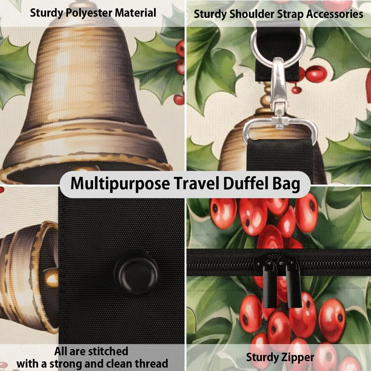 Christmas Bell Red Berry Foldable Lightweight Duffle Bag for Travel - Waterproof Carry On Bags for Airplanes, Travel Duffel Bags for Gym, Weekend