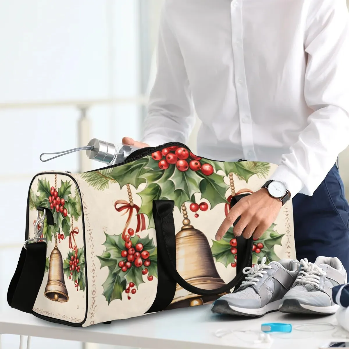Christmas Bell Red Berry Foldable Lightweight Duffle Bag for Travel - Waterproof Carry On Bags for Airplanes, Travel Duffel Bags for Gym, Weekend